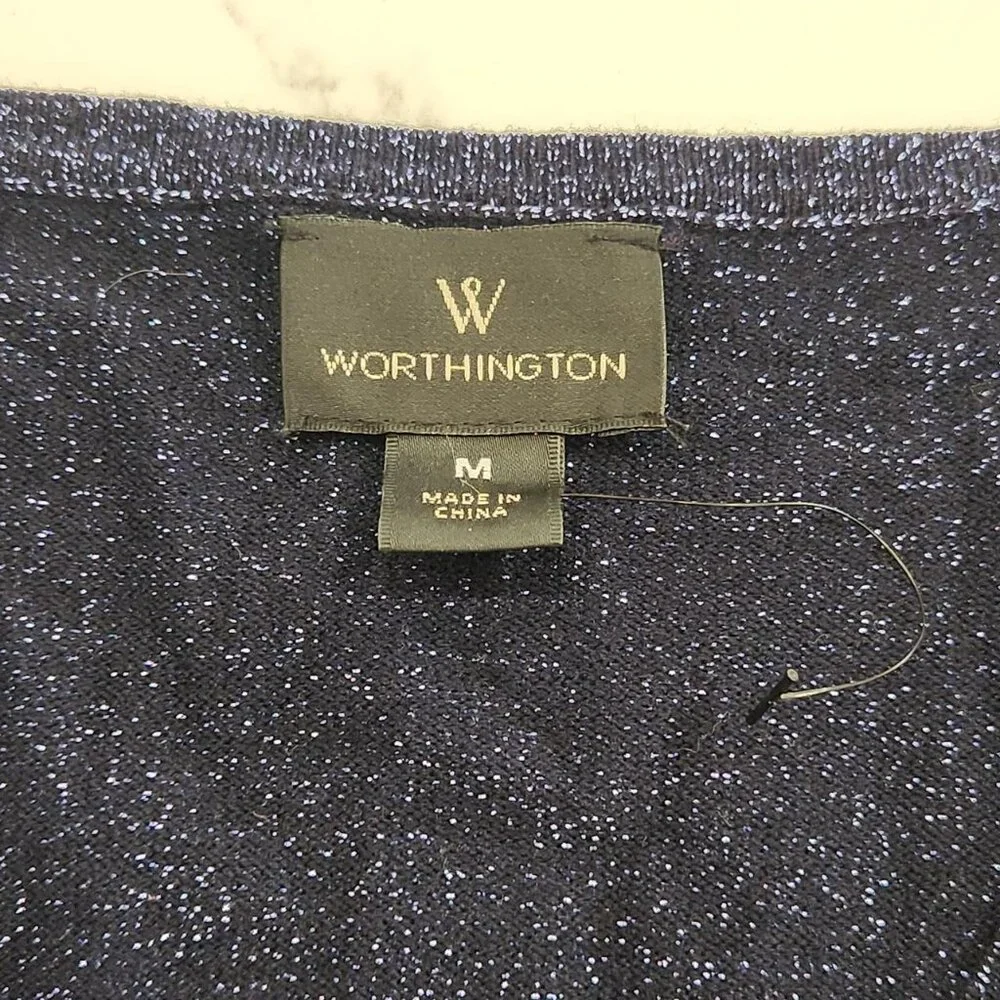 Worthington Sz M Sparkle Women Blouse Shirt Long Sleeve Blue Metallic Glam vneck - Picture 8 of 10